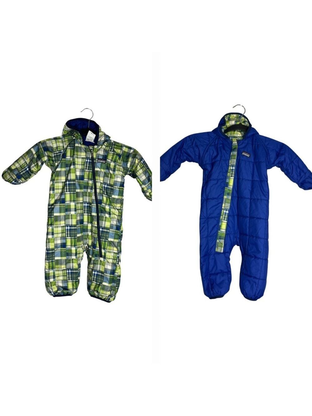 Patagonia Reversible Snowsuit Puff Ball Bunting 6 Month Baby Plaid green Blue